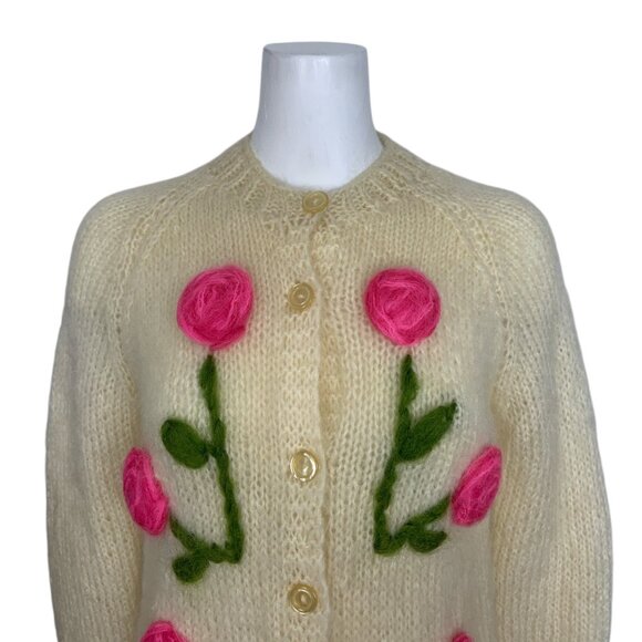 Vintage Wool Mohair Cardigan Sweater S Cream Floral Italy - Picture 9 of 14